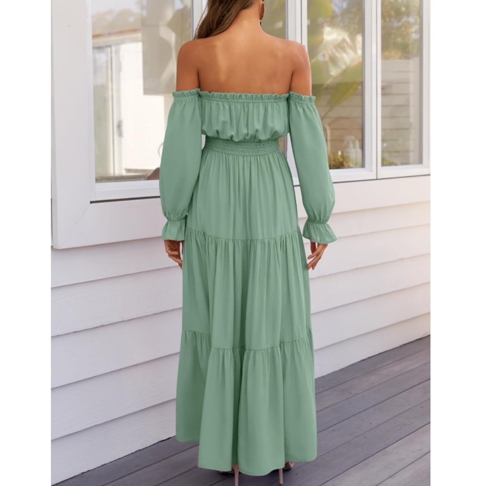 Boho Off-Shoulder Long Sleeve A-line Long Maxi Dress - Sz L (US 12-14) Green - Picture 6 of 7